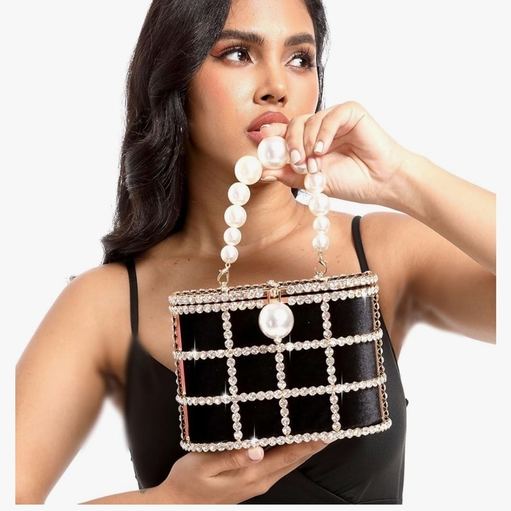Elegant Black Pearl-Embellished Handbag - Picture 2 of 11